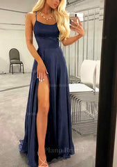 A Line Bateau Spaghetti Straps Sweep Train Charmeuse Prom Dress With Split