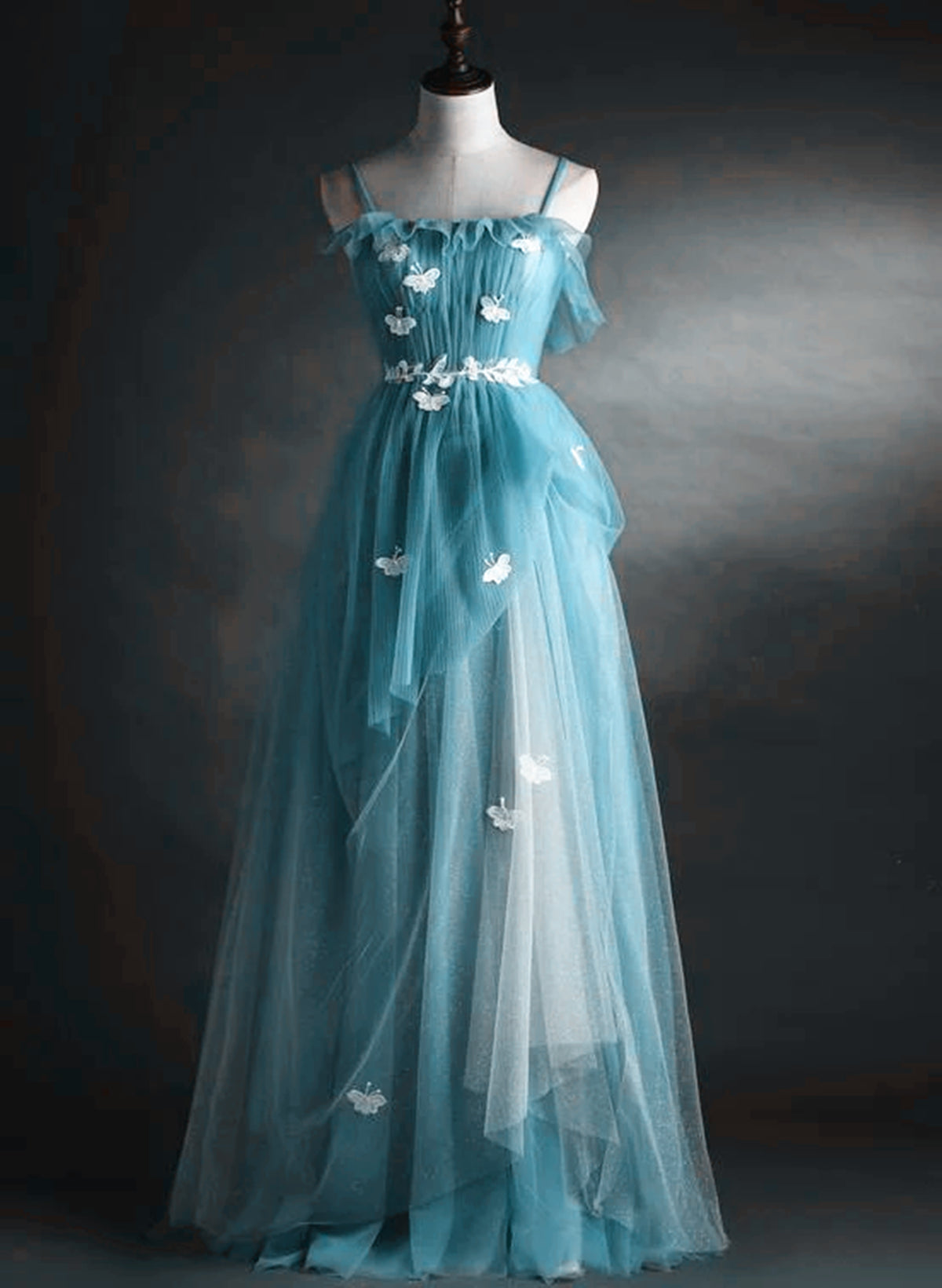 A-line Blue Tulle Straps Long Formal Dress, Blue Long Evening Dress Prom Dress