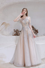 A-Line Heavily Beading Tulle Prom Dresses