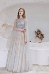 A Line High Neck Sleeveless Beading Tulle Floor Length Prom Dresses