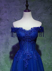 A-line Off Shoulder Blue Beaded and Lace Long Party Dress, Blue Formal Dress