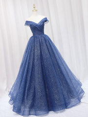 A-Line Off Shoulder Dark Blue Long Prom Dress, Shiny Tulle Long Graduation Dress