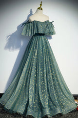 A-Line Off the Shoulder Tulle Long Prom Dress, Green Evening Party Dress