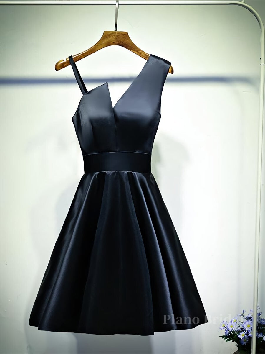 A Line One Shoulder Short Black Prom Dresses, Short Black One Shoulder Formal Graduation Dresses