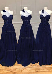 A Line One Shoulder Sleeveless Long Floor Length Tulle Prom Dress With Appliqued Split