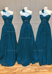 A Line One Shoulder Sleeveless Long Floor Length Tulle Prom Dress With Appliqued Split