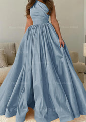 A Line One Shoulder Sleeveless Sweep Train Satin Prom Dress With Pleated