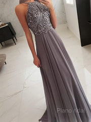 A-Line/Princess Halter Floor-Length Chiffon Prom Dresses With Beading