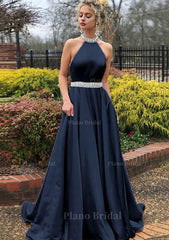 A Line Princess High Neck Sleeveless Sweep Train Satin Prom Dress With Waistband Beading