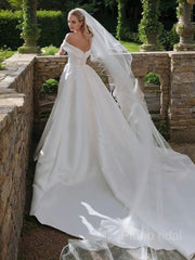 A-Line/Princess Off-the-Shoulder Cathedral Train Satin Wedding Dresses