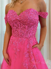 A-Line/Princess Off-the-Shoulder Court Train Tulle Prom Dresses With Leg Slit