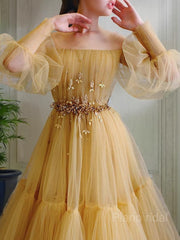 A-Line/Princess Off-the-Shoulder Floor-Length Tulle Prom Dresses With Beading