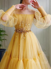 A-Line/Princess Off-the-Shoulder Floor-Length Tulle Prom Dresses With Beading