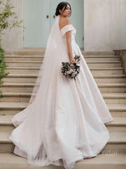 A-Line/Princess Off-the-Shoulder Sweep Train Satin Wedding Dresses