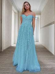 A-Line/Princess Off-the-Shoulder Sweep Train Tulle Prom Dresses With Appliques Lace