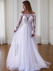 A-Line/Princess Off-the-Shoulder Sweep Train Tulle Wedding Dresses