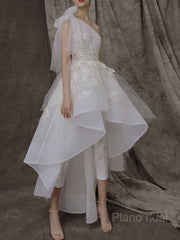 A-Line/Princess One-Shoulder Asymmetrical Tulle Wedding Dresses With Appliques Lace