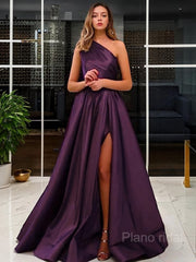 A-Line/Princess One-Shoulder Sweep Train Satin Prom Dresses With Leg Slit