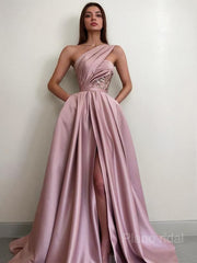 A-Line/Princess One-Shoulder Sweep Train Satin Prom Dresses With Pockets