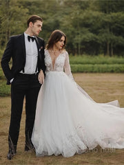 A-Line/Princess Scoop Cathedral Train Tulle Wedding Dresses With Appliques Lace