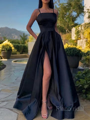 A-Line/Princess Spaghetti Straps Floor-Length Satin Prom Dresses With Leg Slit