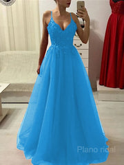 A-Line/Princess Spaghetti Straps Floor-Length Tulle Prom Dresses With Appliques Lace