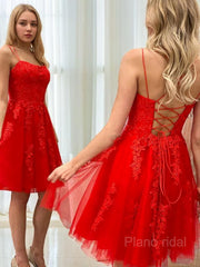 A-Line/Princess Spaghetti Straps Short/Mini Tulle Homecoming Dresses With Appliques Lace