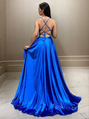 A-Line/Princess Spaghetti Straps Sweep Train Elastic Woven Satin Prom Dresses With Leg Slit