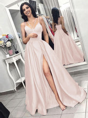 A-Line/Princess Spaghetti Straps Sweep Train Satin Evening Dresses With Pockets