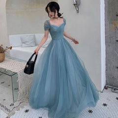 A-Line Princess Square Neckline Short Sleeve Floor-Length Prom Dresses