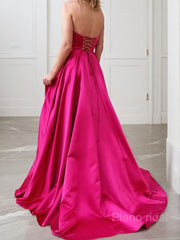 A-Line/Princess Strapless Sweep Train Satin Prom Dresses With Leg Slit