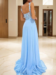 A-Line/Princess Straps Sweep Train Chiffon Prom Dresses With Leg Slit