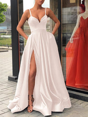 A-Line/Princess Straps Sweep Train Satin Prom Dresses With Leg Slit