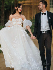 A-Line/Princess Sweetheart Court Train Tulle Wedding Dresses With Appliques Lace