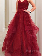 A-Line/Princess V-neck Floor-Length Net Prom Dresses