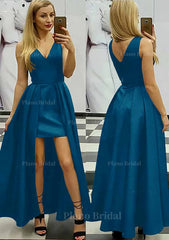 A Line Princess V Neck Sleeveless Asymmetrical Satin Prom Dress With Pleated