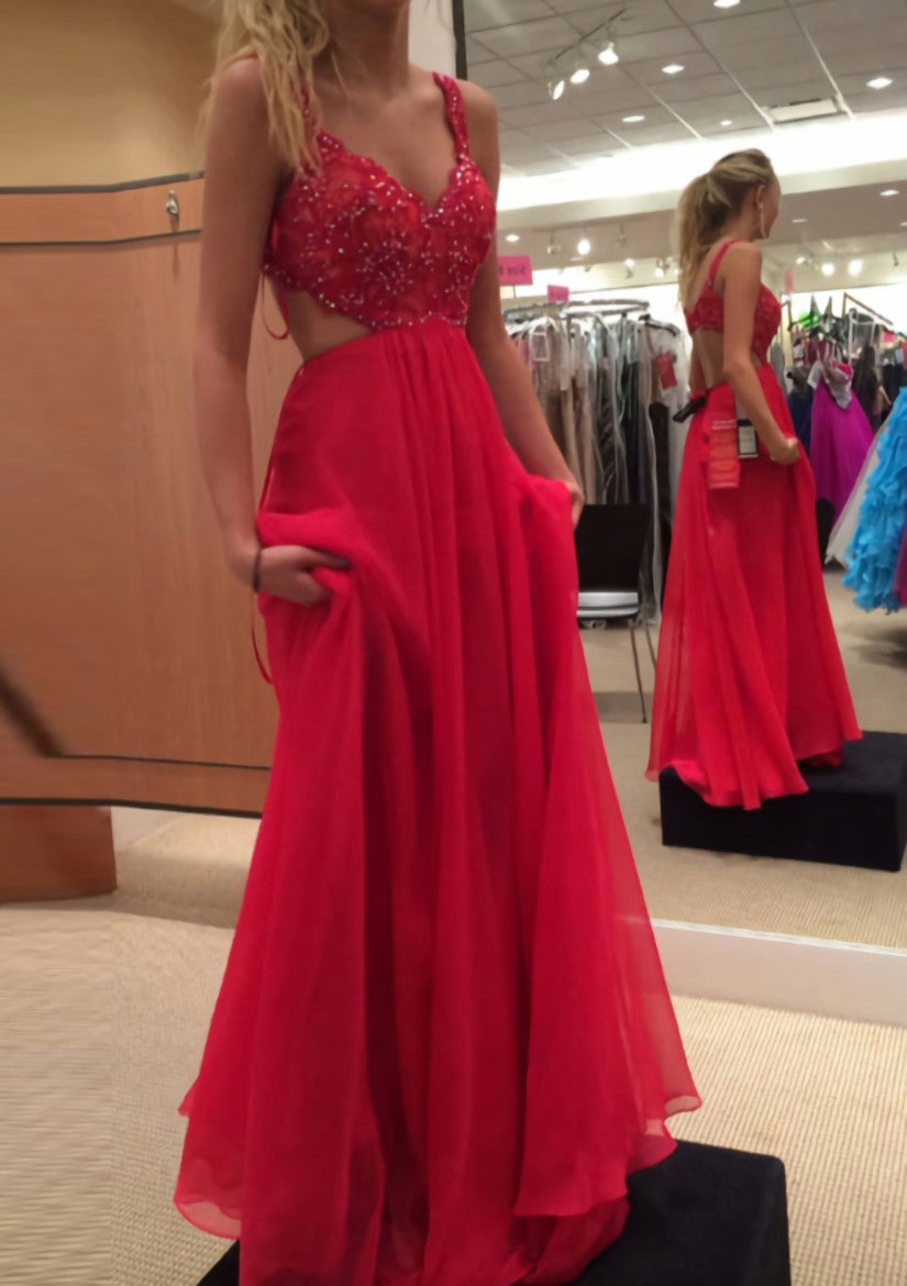 A Line Princess V Neck Sleeveless Long Floor Length Chiffon Prom Dress With Lace Beading