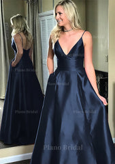 A Line Princess V Neck Sleeveless Sweep Train Satin Prom Dresses