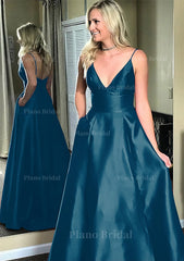 A Line Princess V Neck Sleeveless Sweep Train Satin Prom Dresses