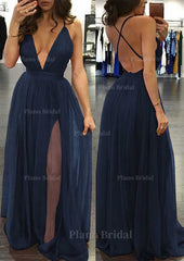 A Line Princess V Neck Sleeveless Sweep Train Tulle Prom Dress