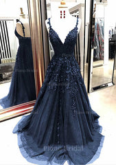 A Line Princess V Neck Sleeveless Sweep Train Tulle Prom Dress With Appliqued