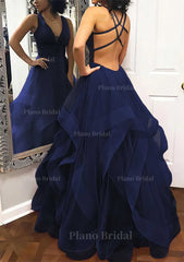 A Line Princess V Neck Sleeveless Tulle Long Floor Length Prom Dress With Pleated