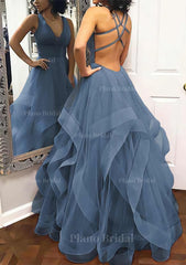 A Line Princess V Neck Sleeveless Tulle Long Floor Length Prom Dress With Pleated