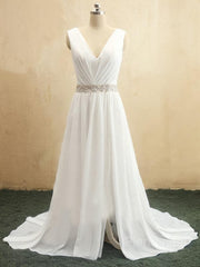 A-Line/Princess V-neck Sweep Train Chiffon Wedding Dresses With Leg Slit