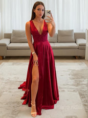 A-Line/Princess V-neck Sweep Train Elastic Woven Satin Evening Dresses With Leg Slit