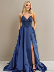 A-Line/Princess V-neck Sweep Train Elastic Woven Satin Prom Dresses With Leg Slit