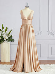 A-Line/Princess V-neck Sweep Train Jersey Bridesmaid Dresses with Leg Slit