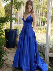 A-Line/Princess V-neck Sweep Train Satin Prom Dresses With Pockets