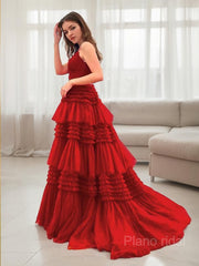 A-Line/Princess V-neck Sweep Train Tulle Prom Dresses With Leg Slit