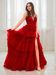 A-Line/Princess V-neck Sweep Train Tulle Prom Dresses With Leg Slit